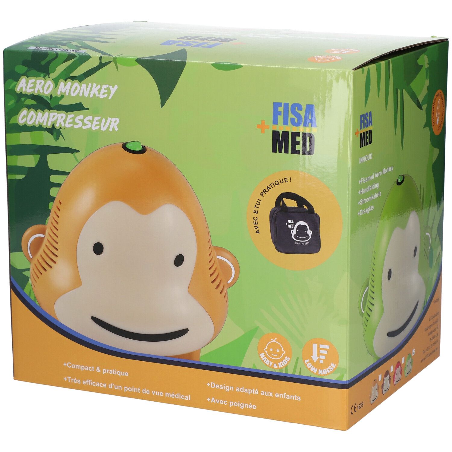Emballage du Fisamed Aero Monkey Compresseur. Compresseur tête de singe orange sur fond vert. Marque Fisamed.