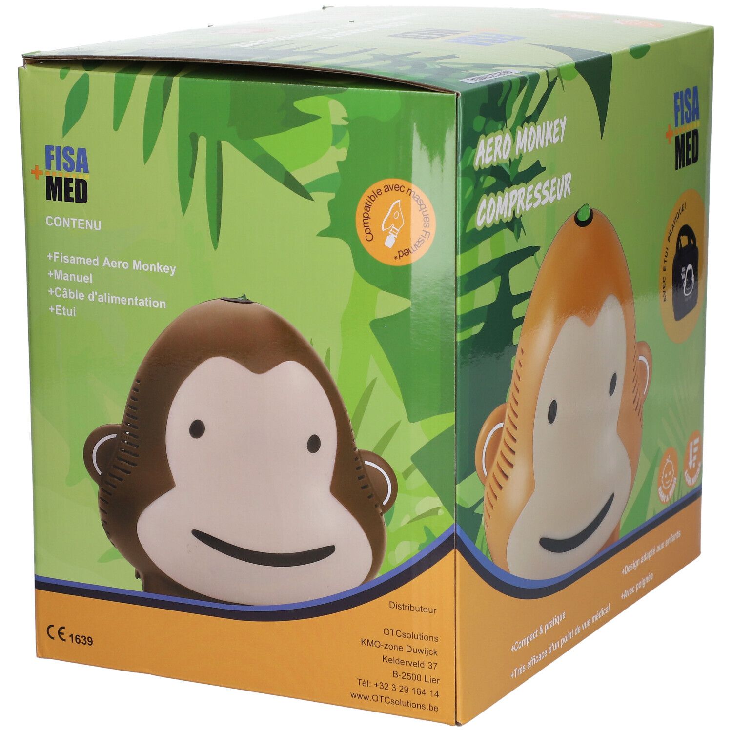 Emballage du Fisamed Aero Monkey Compresseur. Compresseur tête de singe marron-orange sur fond vert. Marque Fisamed.