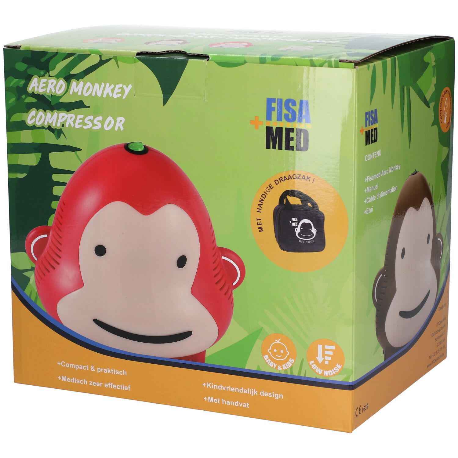 Emballage du Fisamed Aero Monkey Compresseur. Compresseur tête de singe rouge sur fond vert. Marque Fisamed.