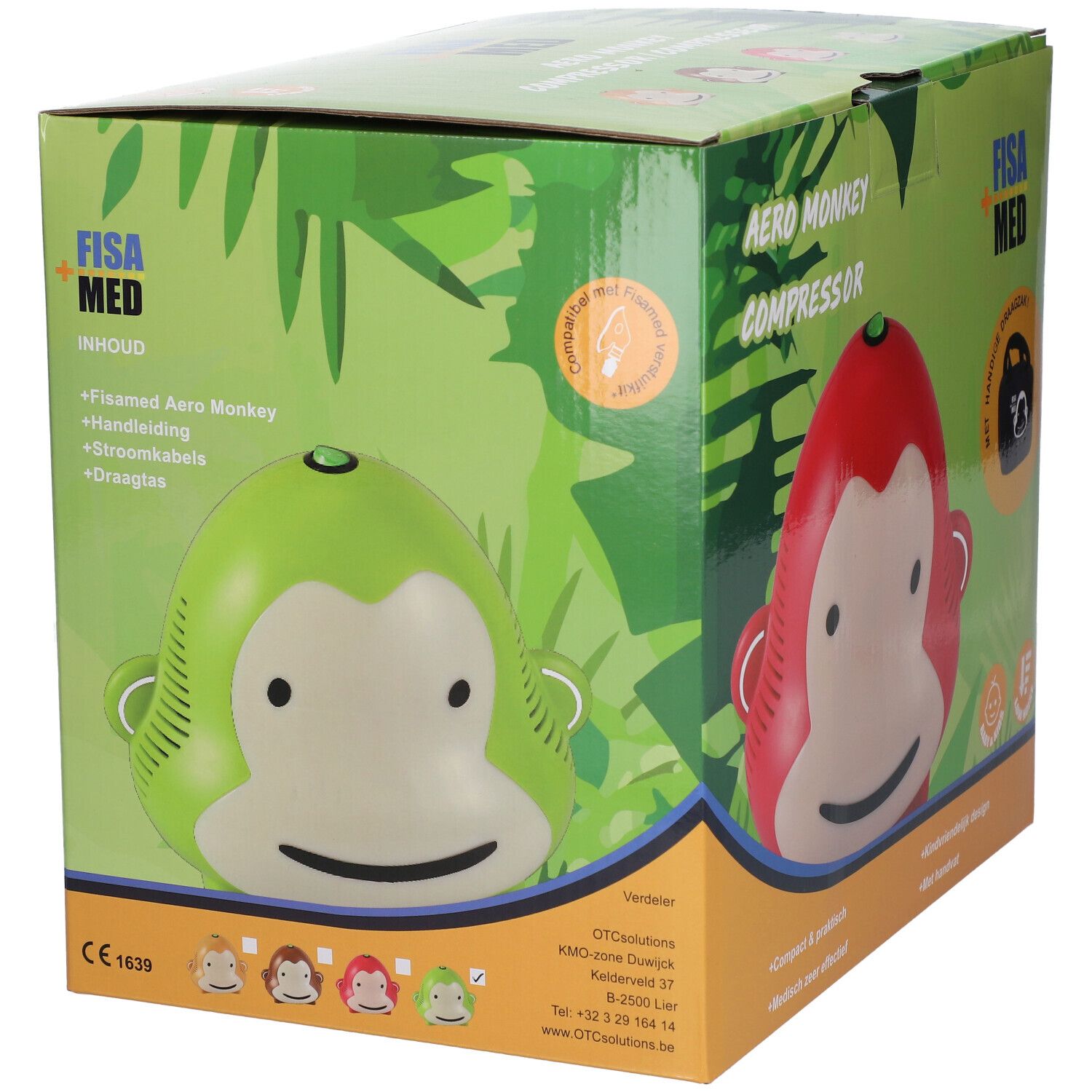 Emballage du Fisamed Aero Monkey Compresseur. Compresseur tête de singe vert-rouge sur fond vert. Marque Fisamed.