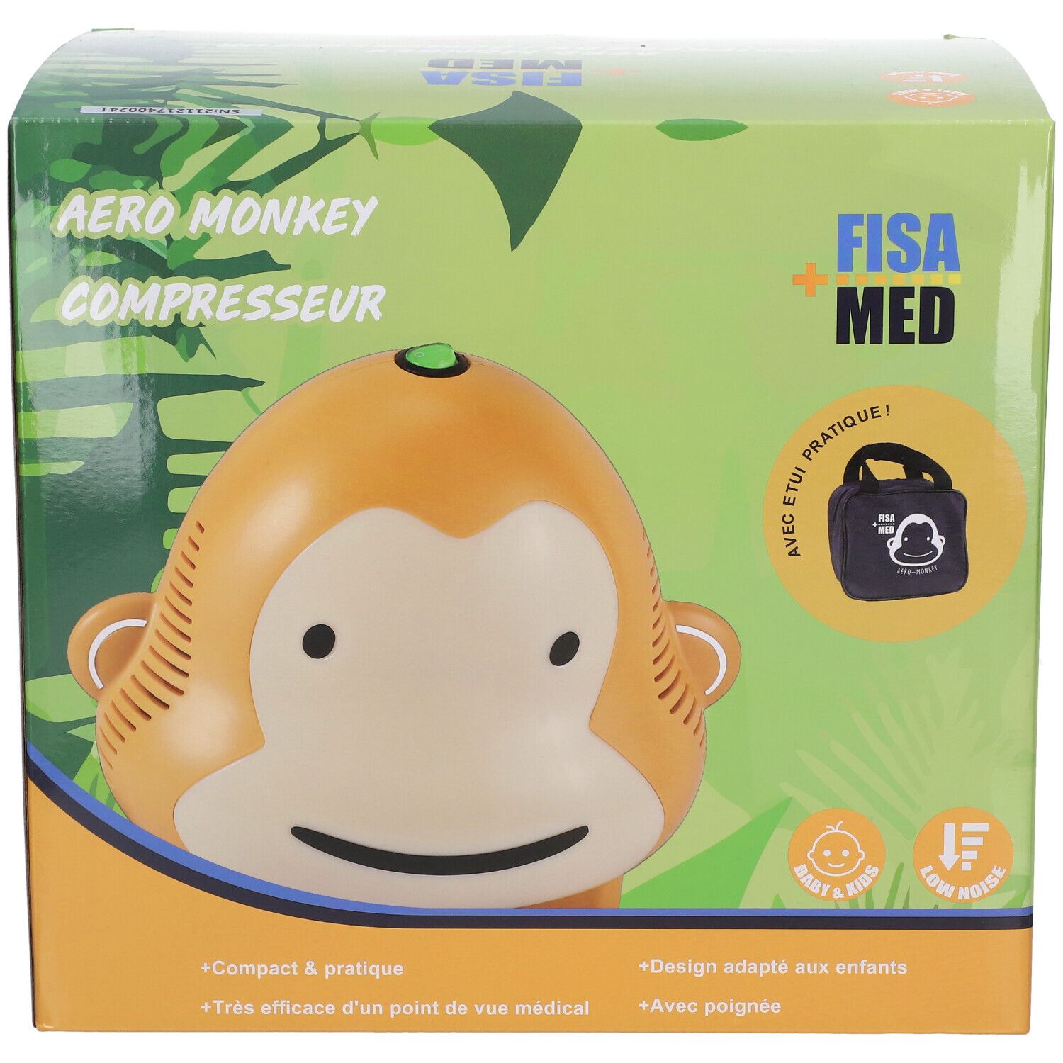 Emballage du Fisamed Aero Monkey Compresseur. Compresseur tête de singe orange sur fond vert. Marque Fisamed.