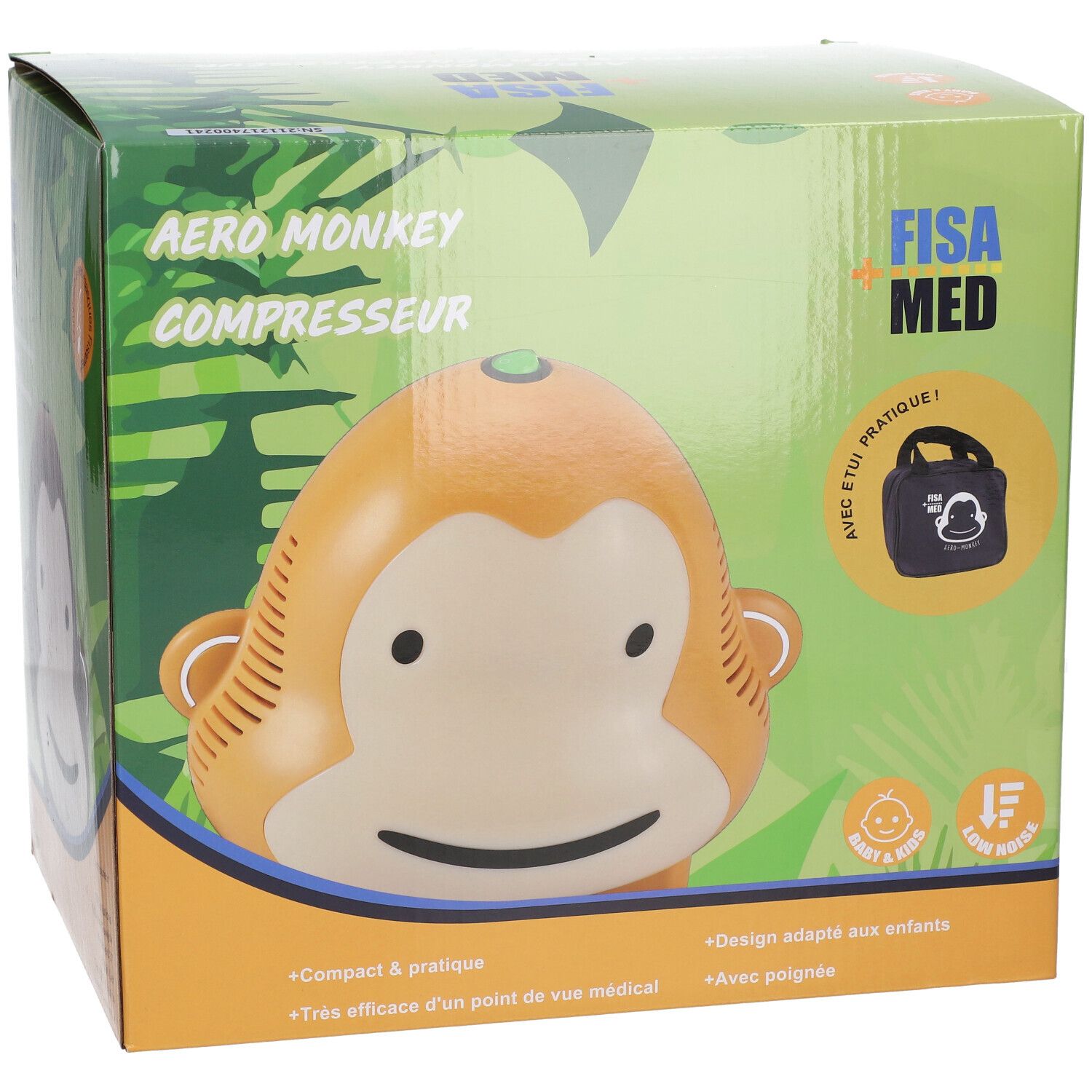 Emballage du Fisamed Aero Monkey Compresseur. Compresseur tête de singe orange sur fond vert. Marque Fisamed.