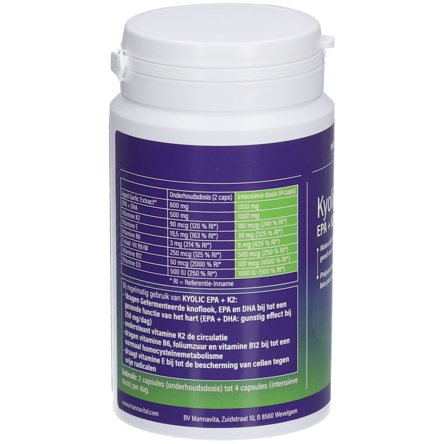 Dos de la bouteille blanche avec étiquette violette. Contient des informations sur les ingrédients et le dosage.