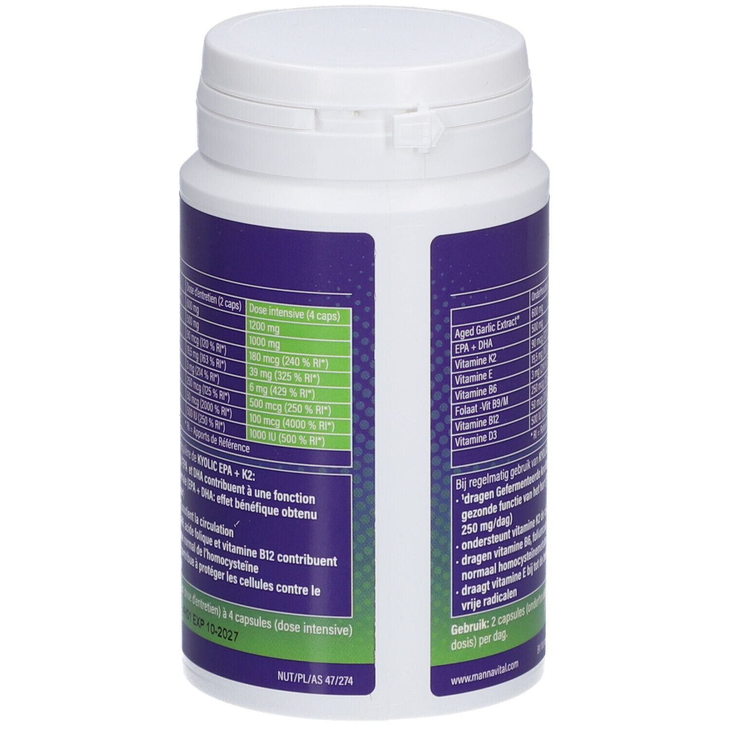 Dos de la bouteille blanche avec étiquette violette. Contient des informations sur les ingrédients et le dosage.