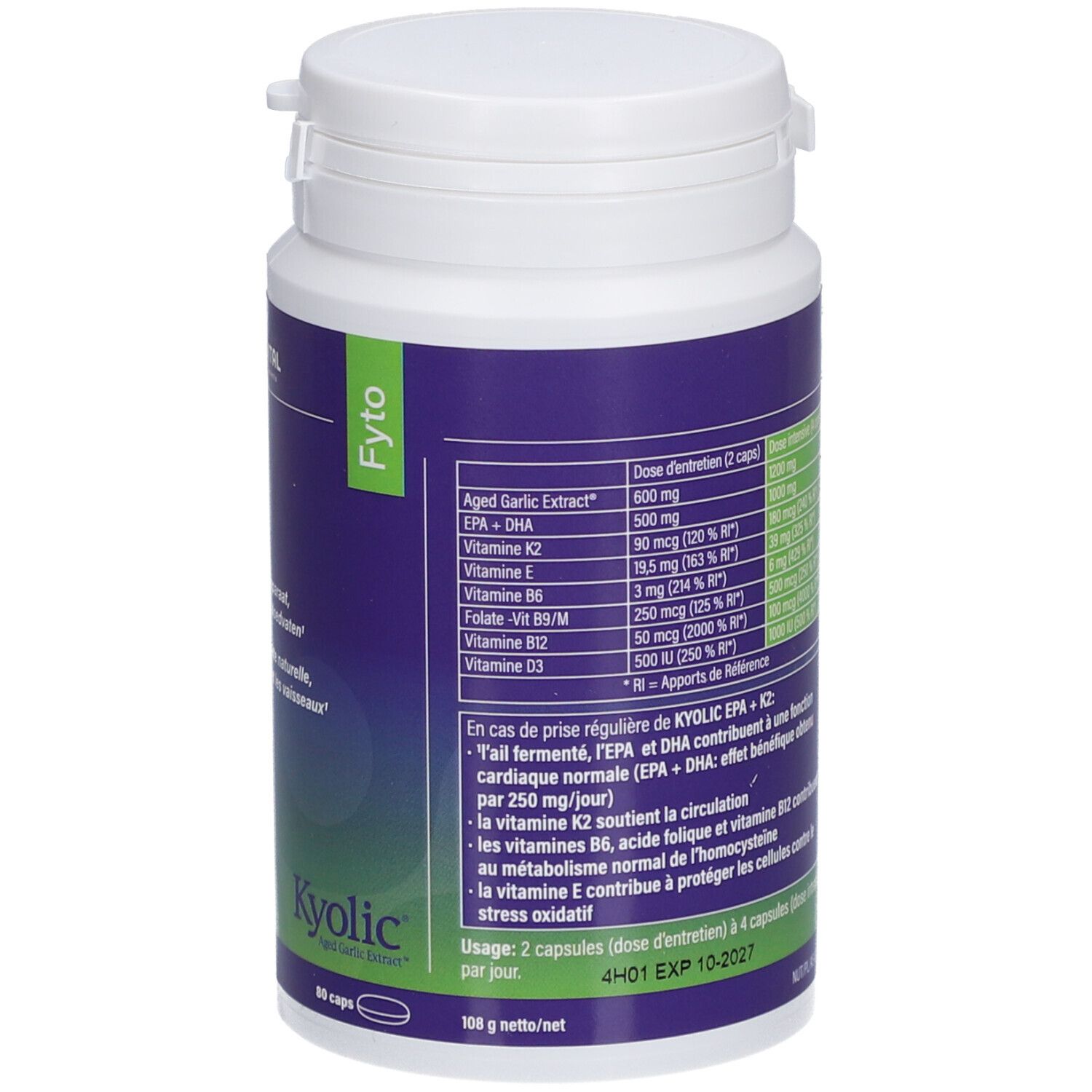 Dos de la bouteille blanche avec étiquette violette. Contient des informations sur les ingrédients et le dosage.