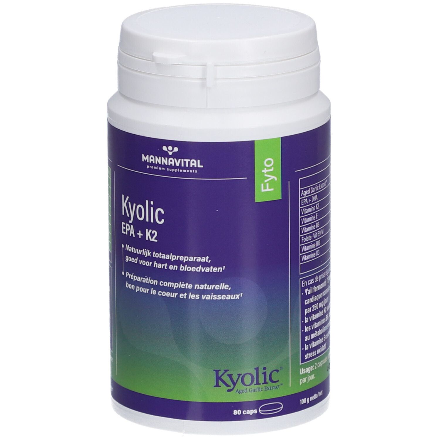 Flacon blanc, étiquette violette. Inscription: Kyolic EPA+K2. Marque: MannaVital. Capsules.