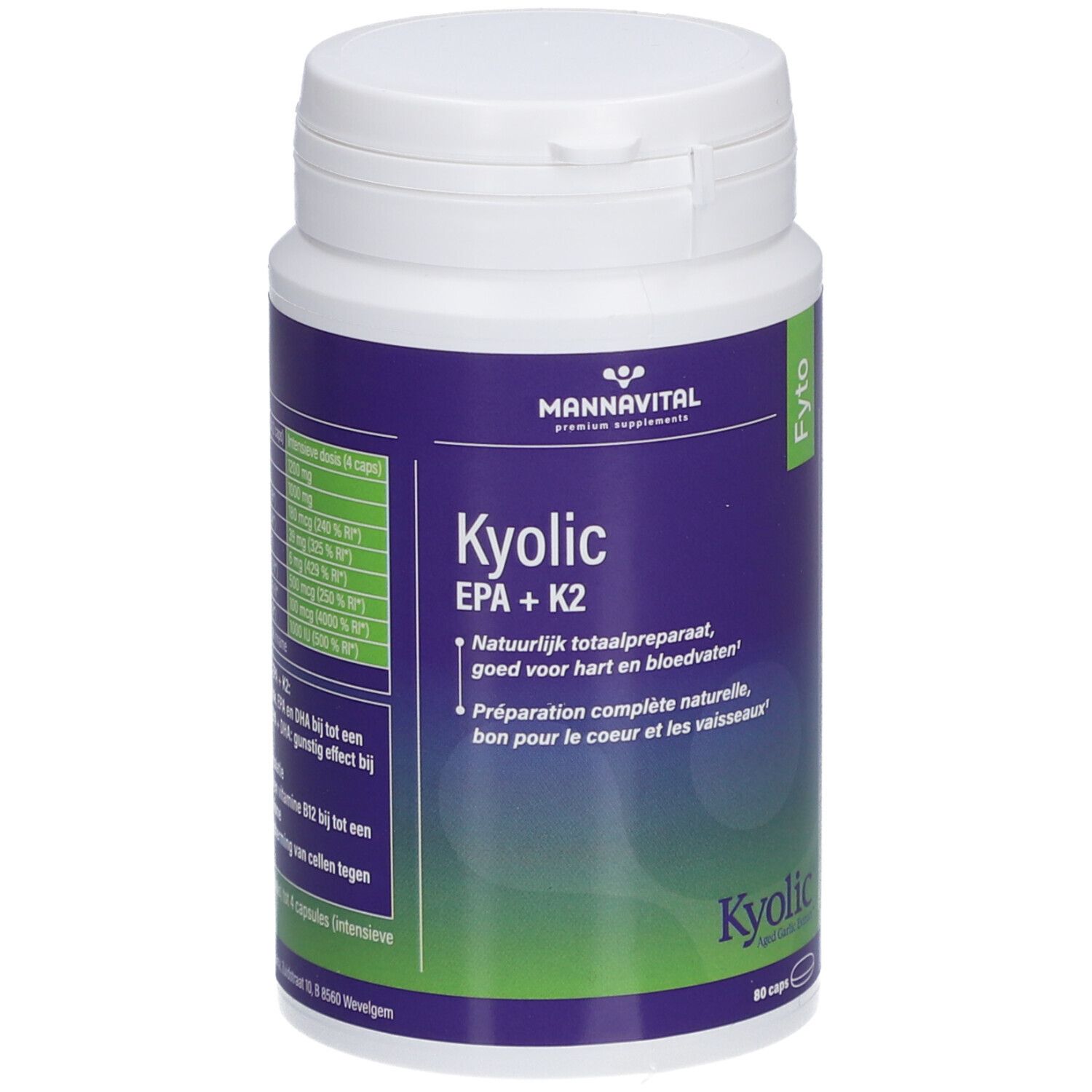 Flacon blanc, étiquette violette. Inscription: Kyolic EPA+K2. Marque: MannaVital. Capsules.