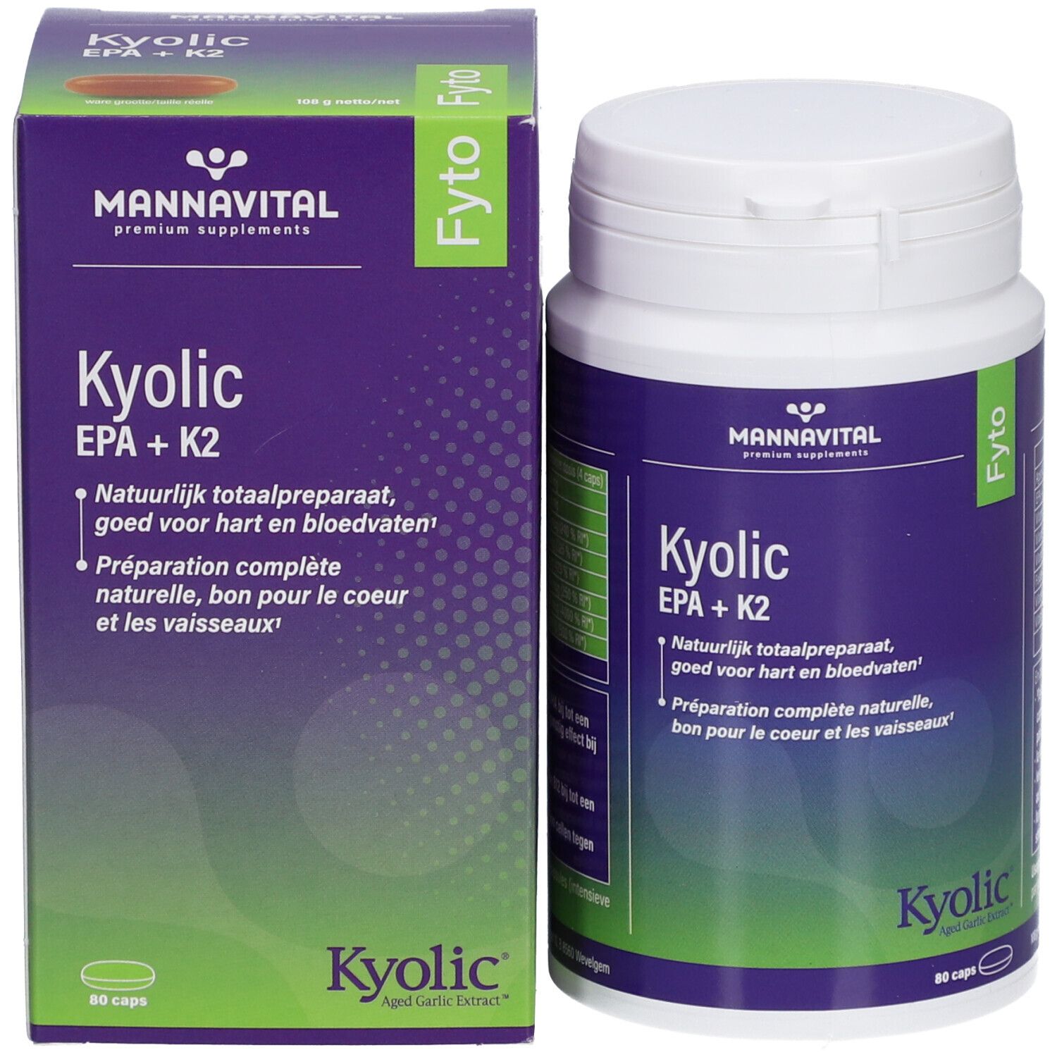 Emballage et flacon du produit. Inscription: Kyolic EPA+K2. Marque: MannaVital. Capsules.