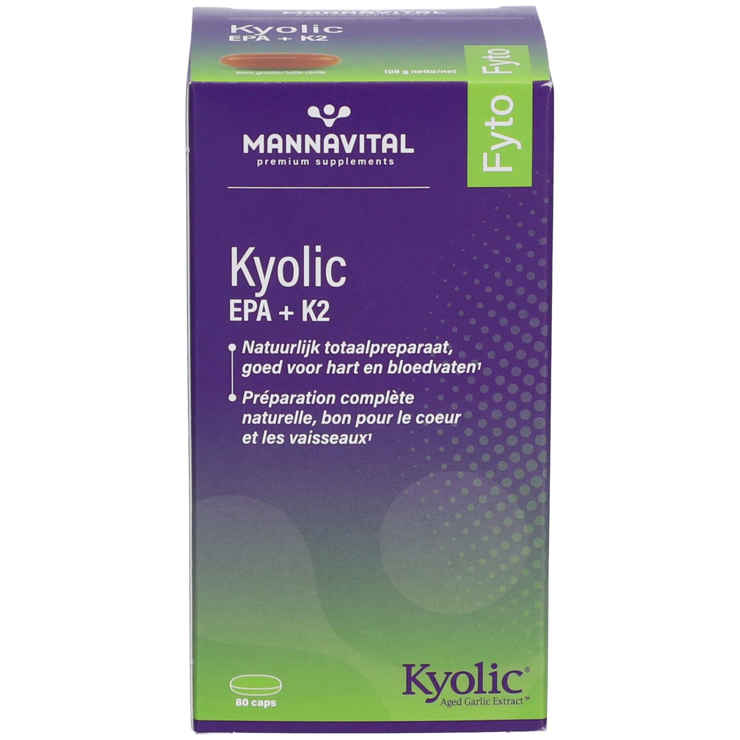 Emballage du produit. Inscription: Kyolic EPA+K2. Marque: MannaVital. Capsules.