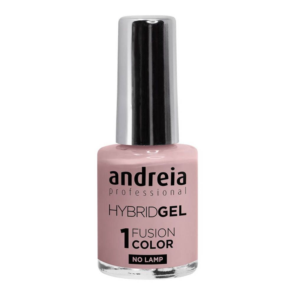 Roze nagellakfles. Zilverkleurige dop. Opschrift: andreia professional, Hybridgel, 1 Fusion Color, No Lamp.