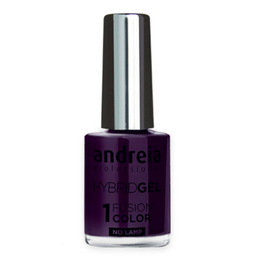 Fles hybride nagellak. Donkerviolette lak, zilveren dop. Opschrift: Andreia, Hybridgel, 1 Fusion Color, No Lamp.