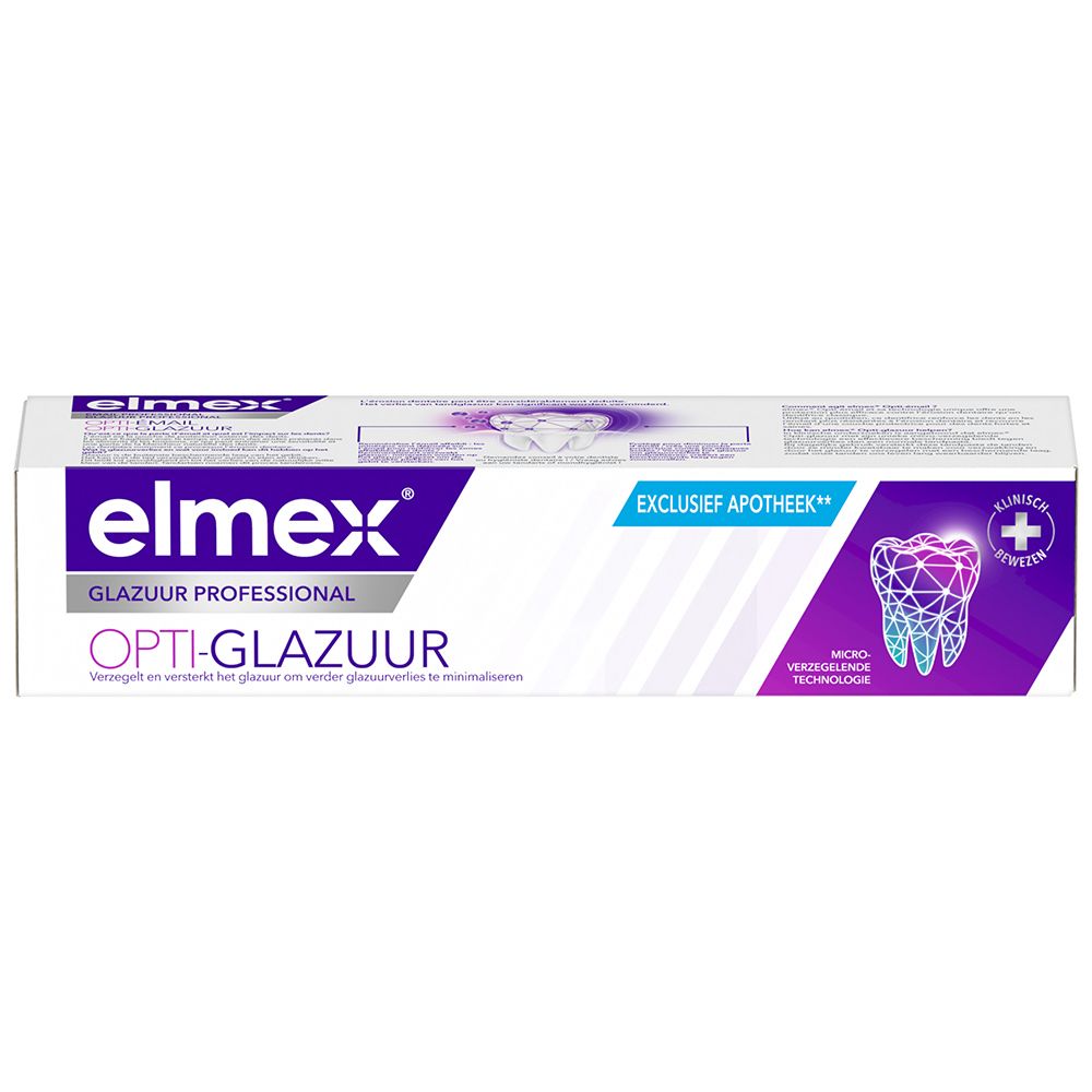Tube de dentifrice Elmex Professional Opti-Glazuur. Blanc avec accents violets. Exclusif pharmacie.