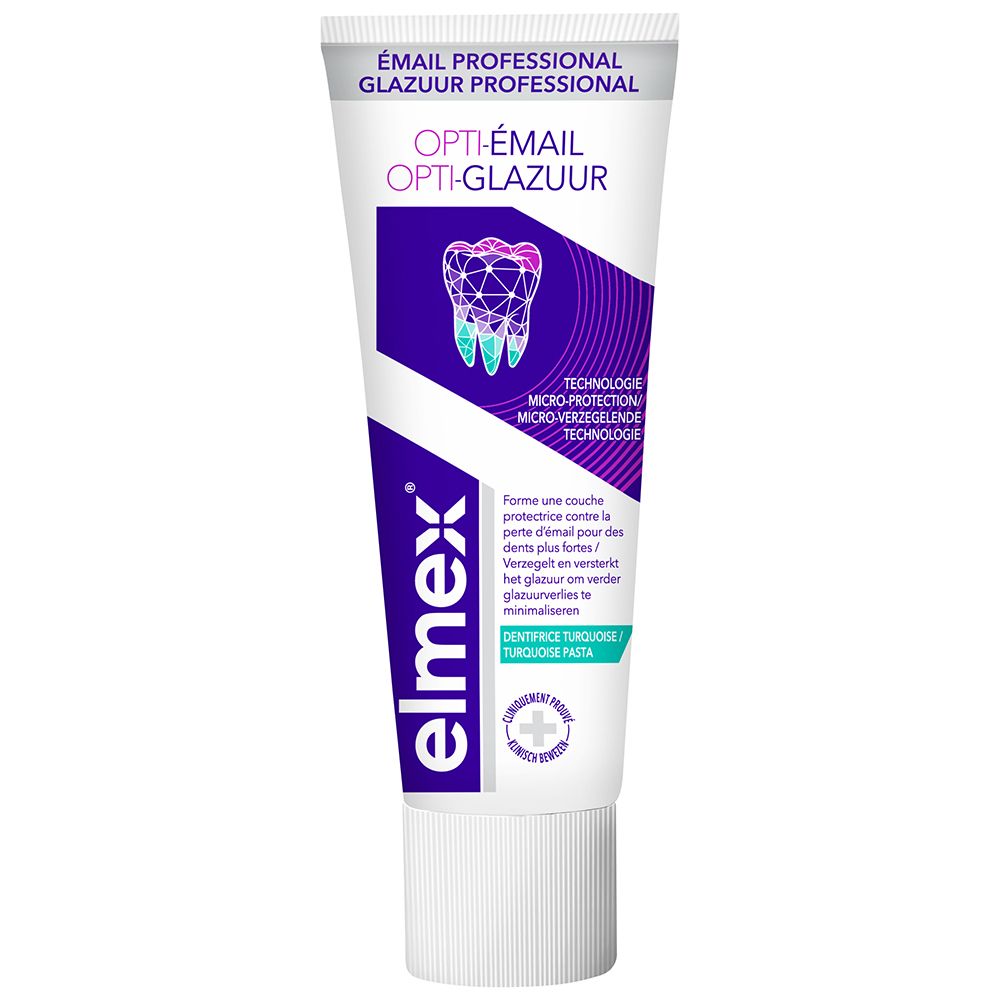 Tube de dentifrice Elmex Professional Opti-Glazuur. Tube blanc, logo et texte violets.