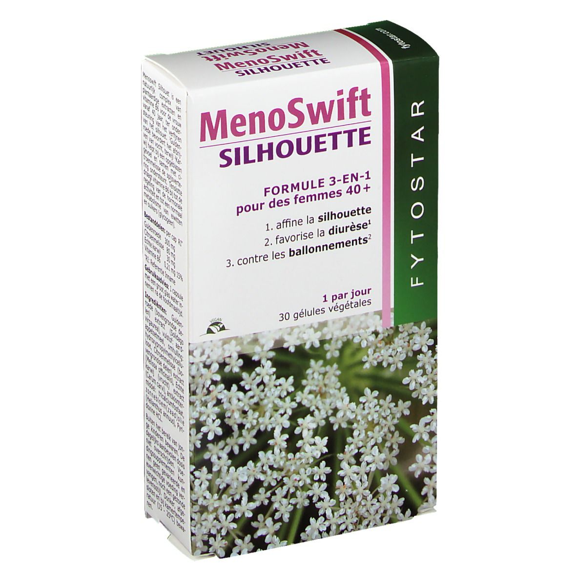 Boîte de MenoSwift Silhouette. Carton blanc avec accents violets et verts. Texte: MenoSwift Silhouette, Formule 3-EN-1, 30 gélules.