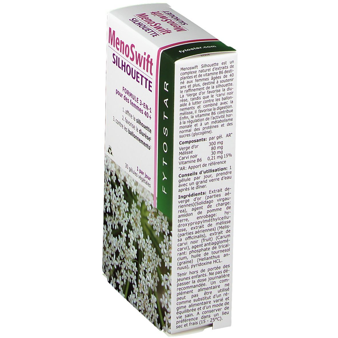 Vue latérale de la boîte MenoSwift Silhouette. Carton blanc avec texte et ingrédients. Accents verts et violets. Texte: MenoSwift Silhouette, FYTOSTAR.