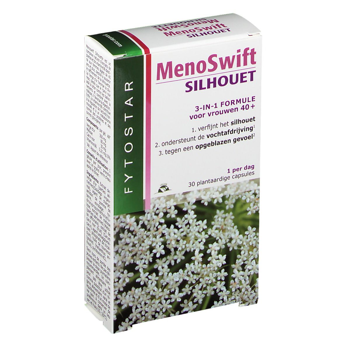 Boîte de MenoSwift Silhouette. Carton blanc avec accents violets et verts. Texte: MenoSwift Silhouette, FORMULE 3-EN-1, 30 capsules.