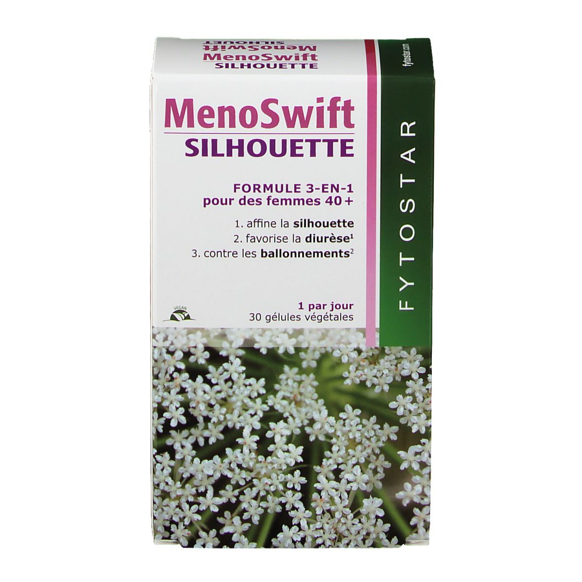 Boîte de MenoSwift Silhouette. Carton blanc avec accents violets et verts. Texte: MenoSwift Silhouette, Formule 3-EN-1, 30 gélules.
