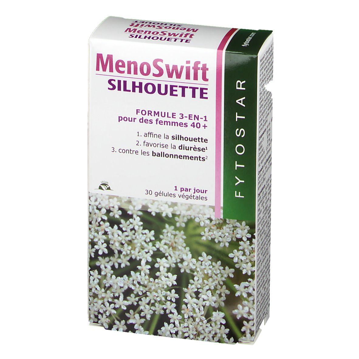Boîte de MenoSwift Silhouette. Carton blanc avec accents violets et verts. Texte: MenoSwift Silhouette, Formule 3-EN-1, 30 gélules.