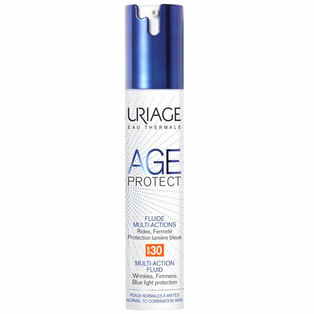 Uriage Age Protect Fluide SPF30. Flacon blanc, bouchon bleu. Texte: Fluide multi-actions, rides, fermeté, protection lumière bleue.