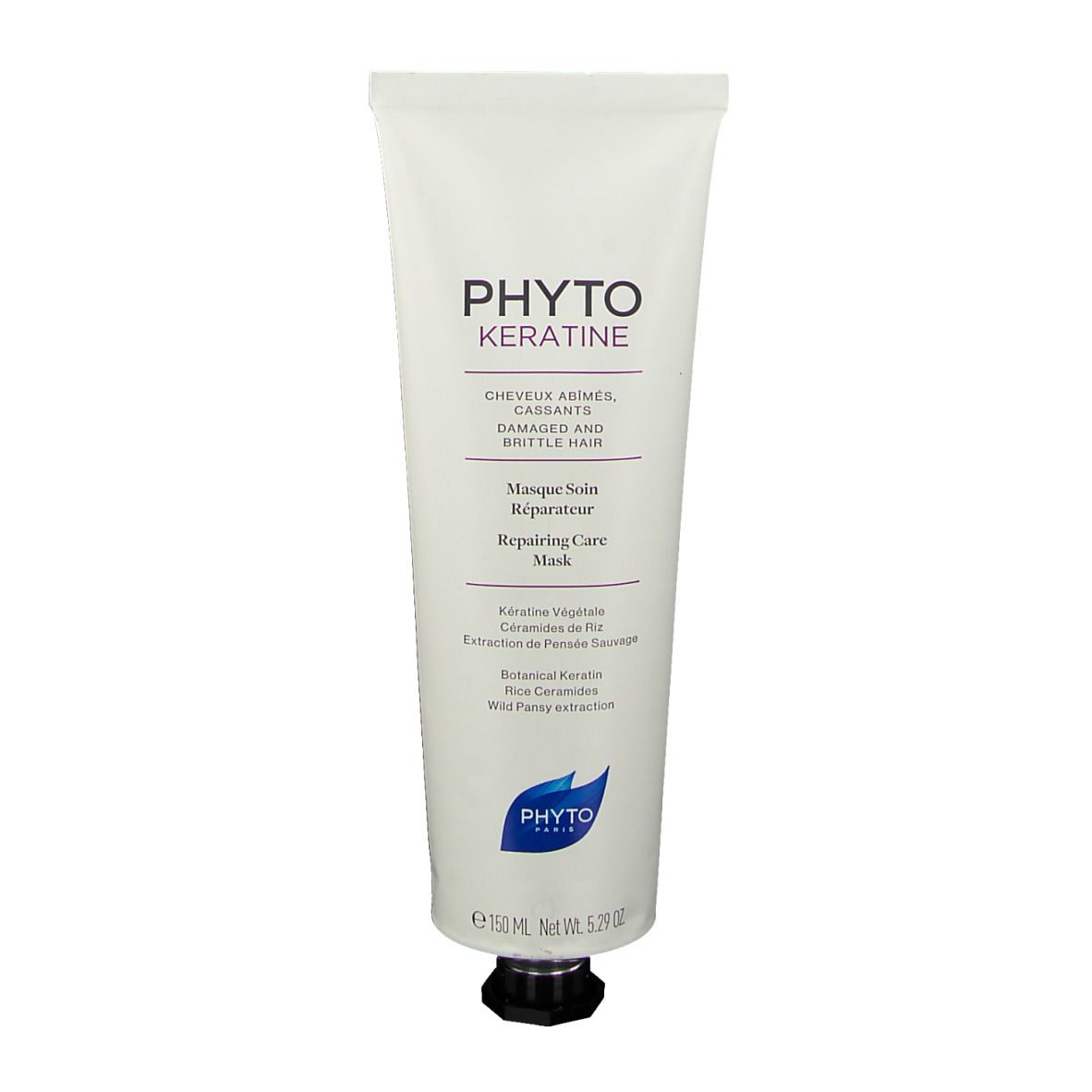 Tube blanc avec bouchon noir. Inscription: PHYTO KERATINE, Masque Soin Réparateur. Contenu: 150 ml.