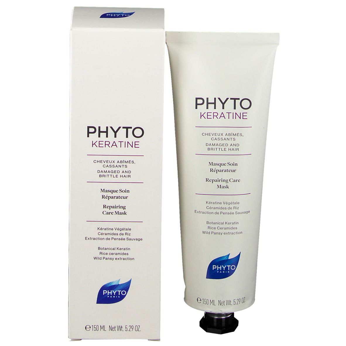 Tube et boîte blancs. Inscription: PHYTO KERATINE, Masque Soin Réparateur. Contenu: 150 ml. Bouchon noir.