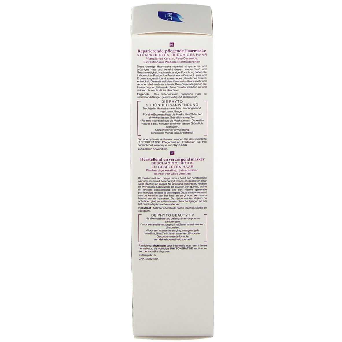 Dos de la boîte. Texte en allemand et néerlandais. Logo PHYTO. Contenu: 150 ml.