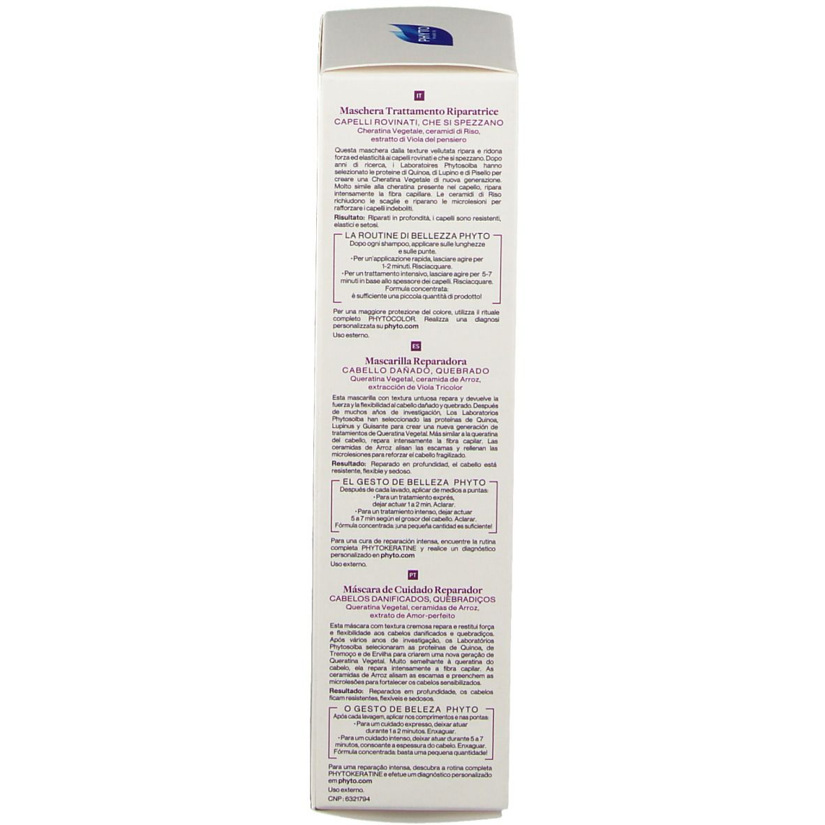 Dos de la boîte. Texte en italien. Logo PHYTO. Contenu: 150 ml.