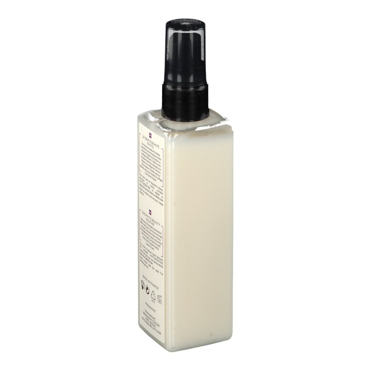 Vue latérale d'un flacon beige avec vaporisateur noir. Texte en français. Fabriqué en France.