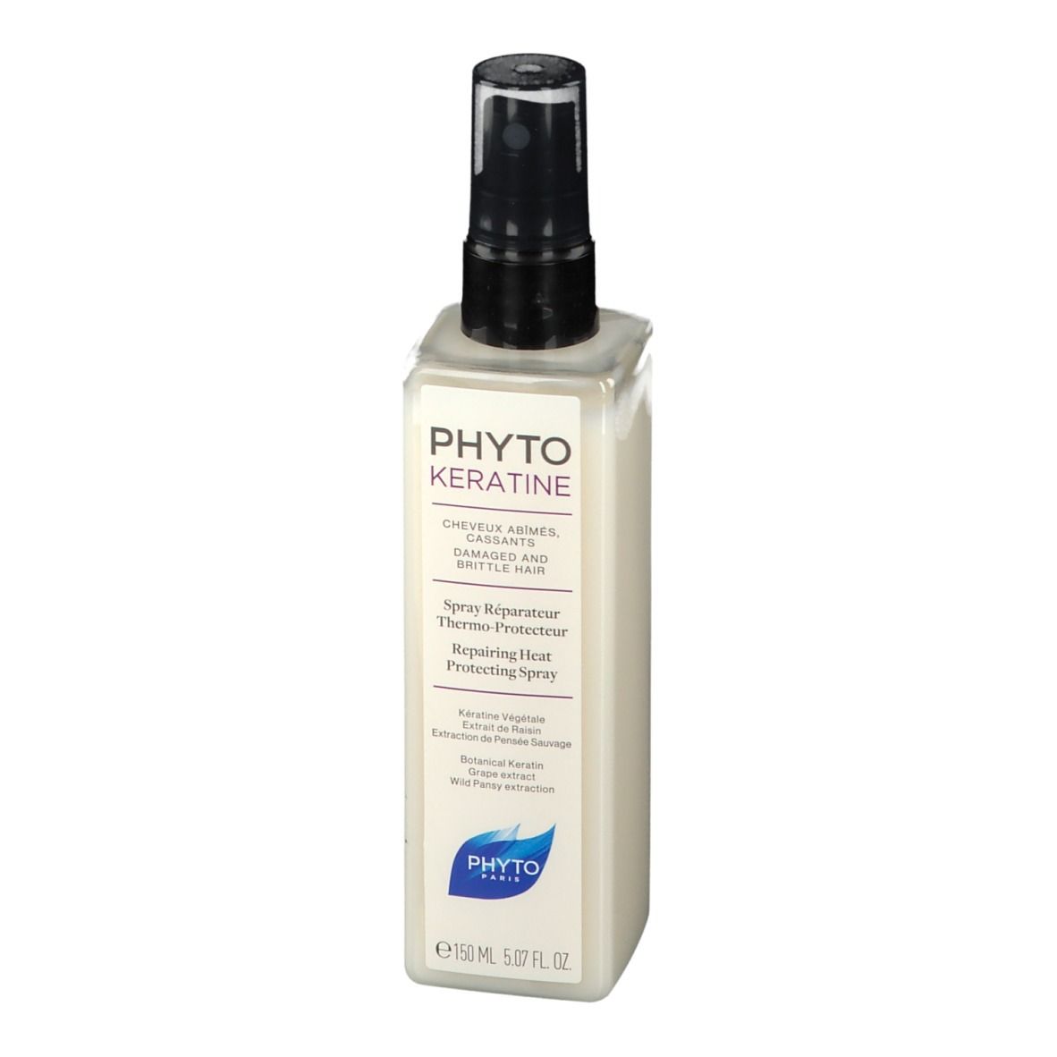 Flacon beige avec vaporisateur noir. Inscriptions: PHYTO KERATINE, Spray Réparateur Thermo-Protecteur.