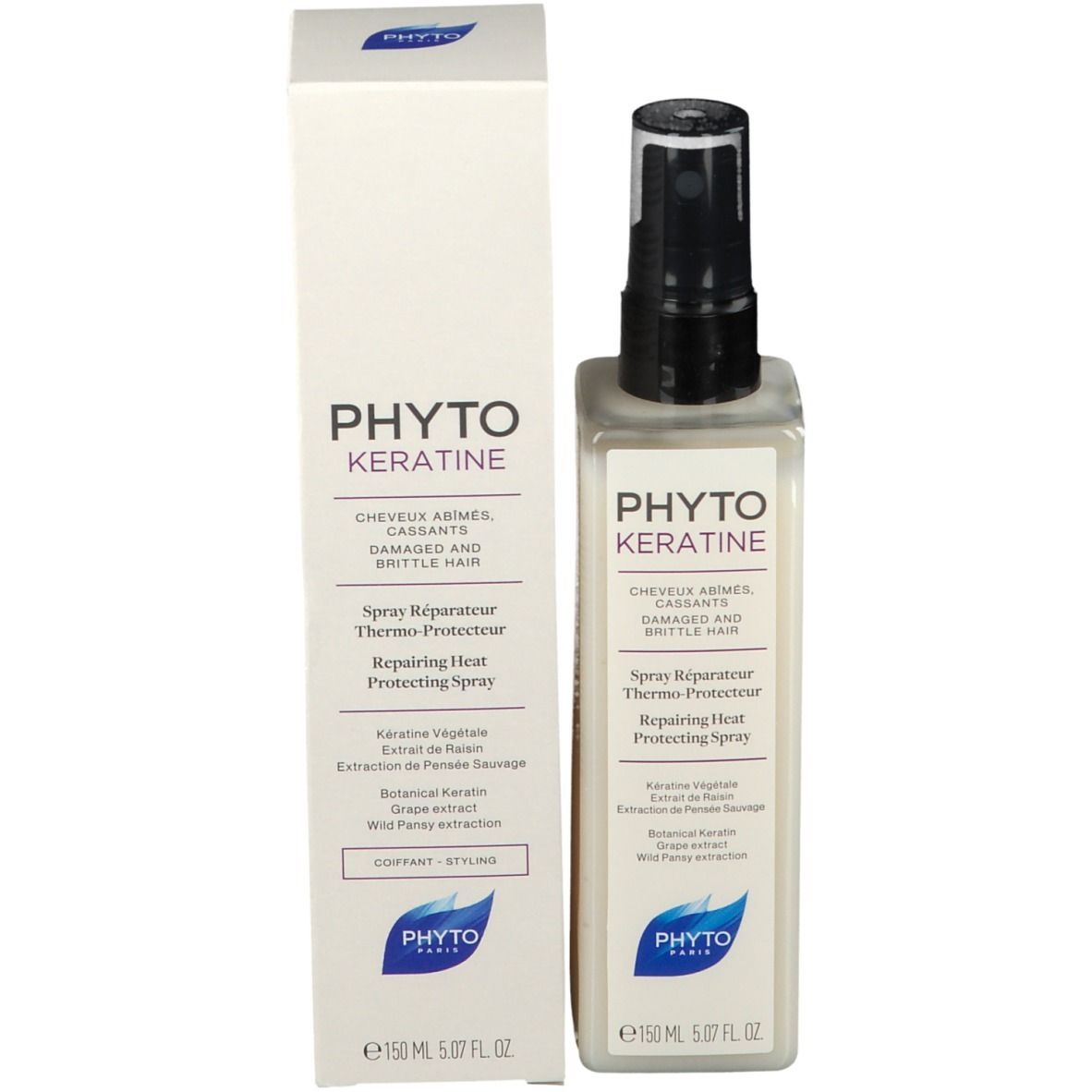 Produit et emballage. Flacon beige avec vaporisateur noir et carton. Inscriptions: PHYTO KERATINE.