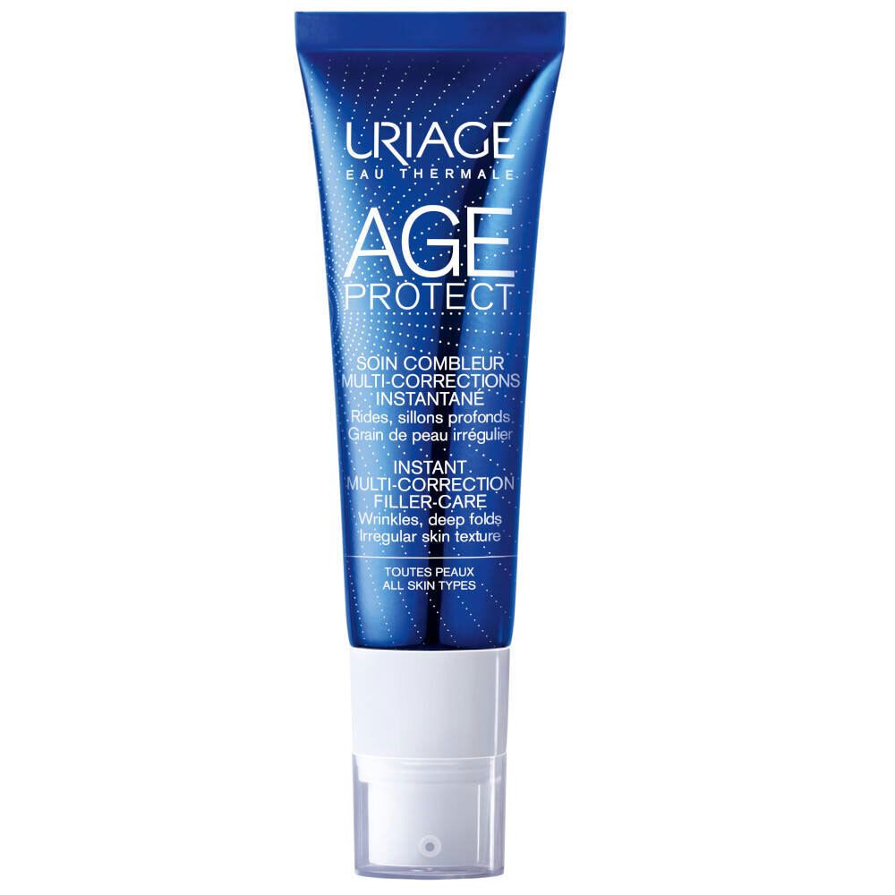 Blauwe tube met witte dop. Opschrift: Uriage, Age Protect. Tekst: Instant Multi-Correction Filler-Care.