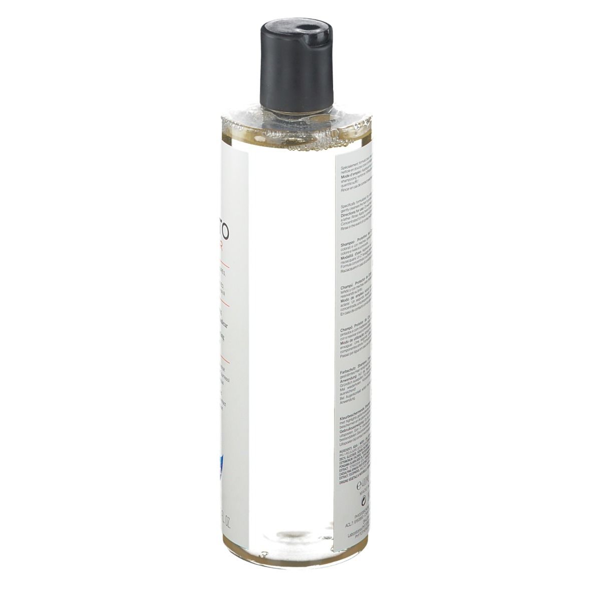 Flacon transparent avec bouchon noir. Dos avec texte. Étiquette avec informations produit.
