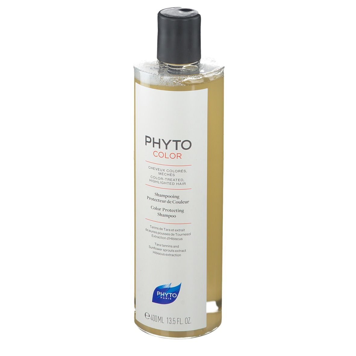 Flacon transparent avec bouchon noir. Inscription PHYTO COLOR, shampooing pour cheveux colorés. 400ml.