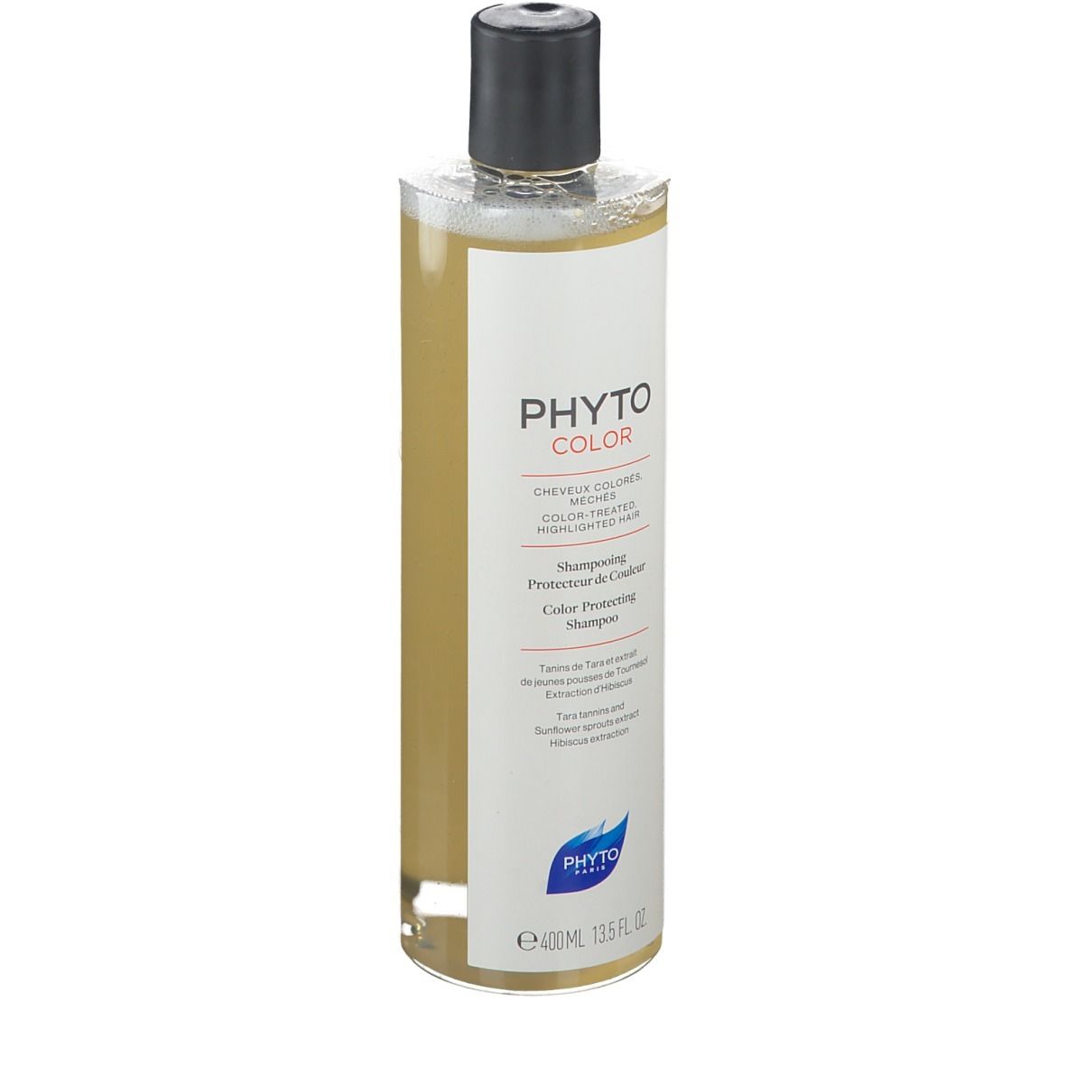 Flacon transparent avec bouchon noir. Inscription PHYTO COLOR, shampooing pour cheveux colorés. 400ml.