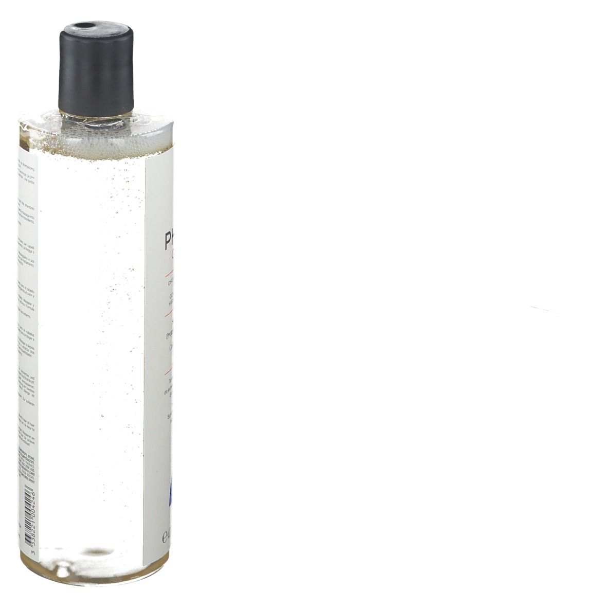 Flacon transparent avec bouchon noir. Étiquette avec informations produit. Vue partielle.
