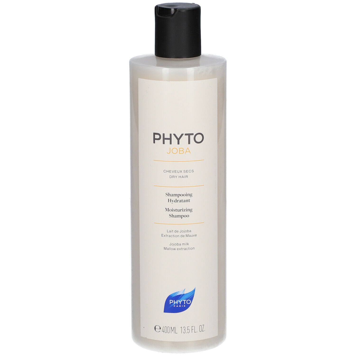 Flacon de shampooing Phyto Joba. Inscription : Shampooing Hydratant, 400ml. Bouchon noir, flacon transparent.