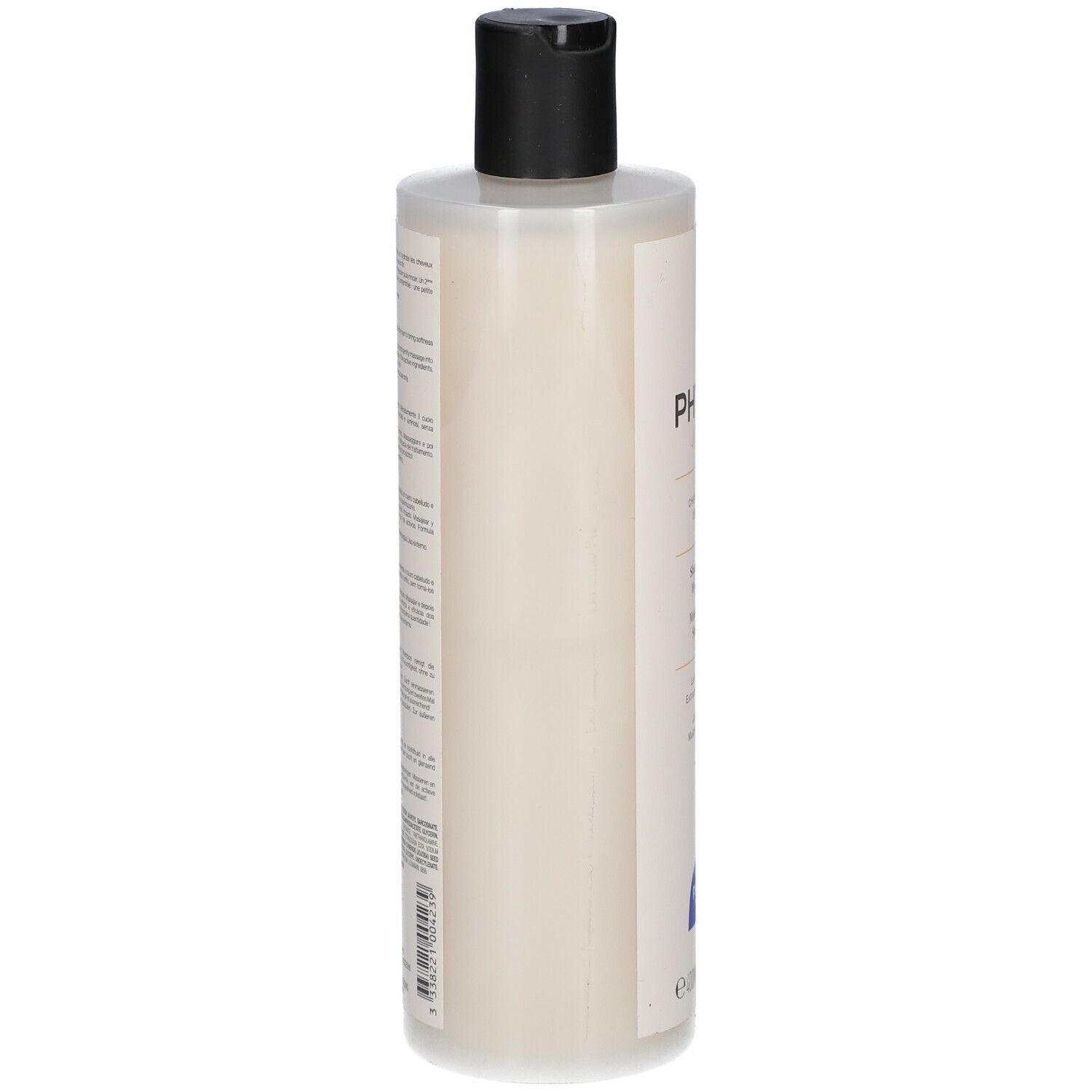 Flacon de shampooing, vue latérale. Bouchon noir, flacon transparent. Texte sur l'étiquette. Nom du produit non visible.