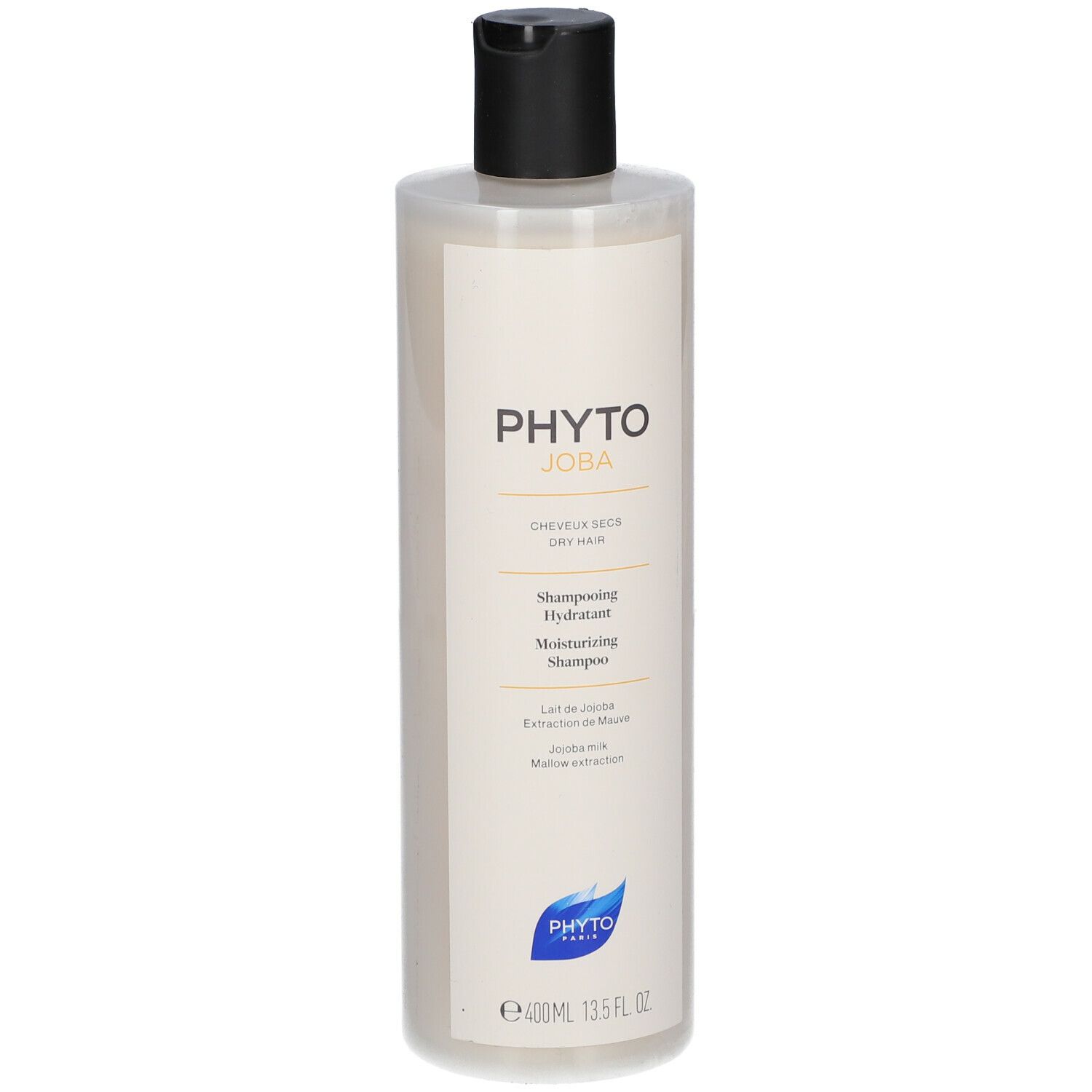 Flacon de shampooing Phyto Joba. Inscription : Shampooing Hydratant, 400ml. Bouchon noir, flacon transparent.