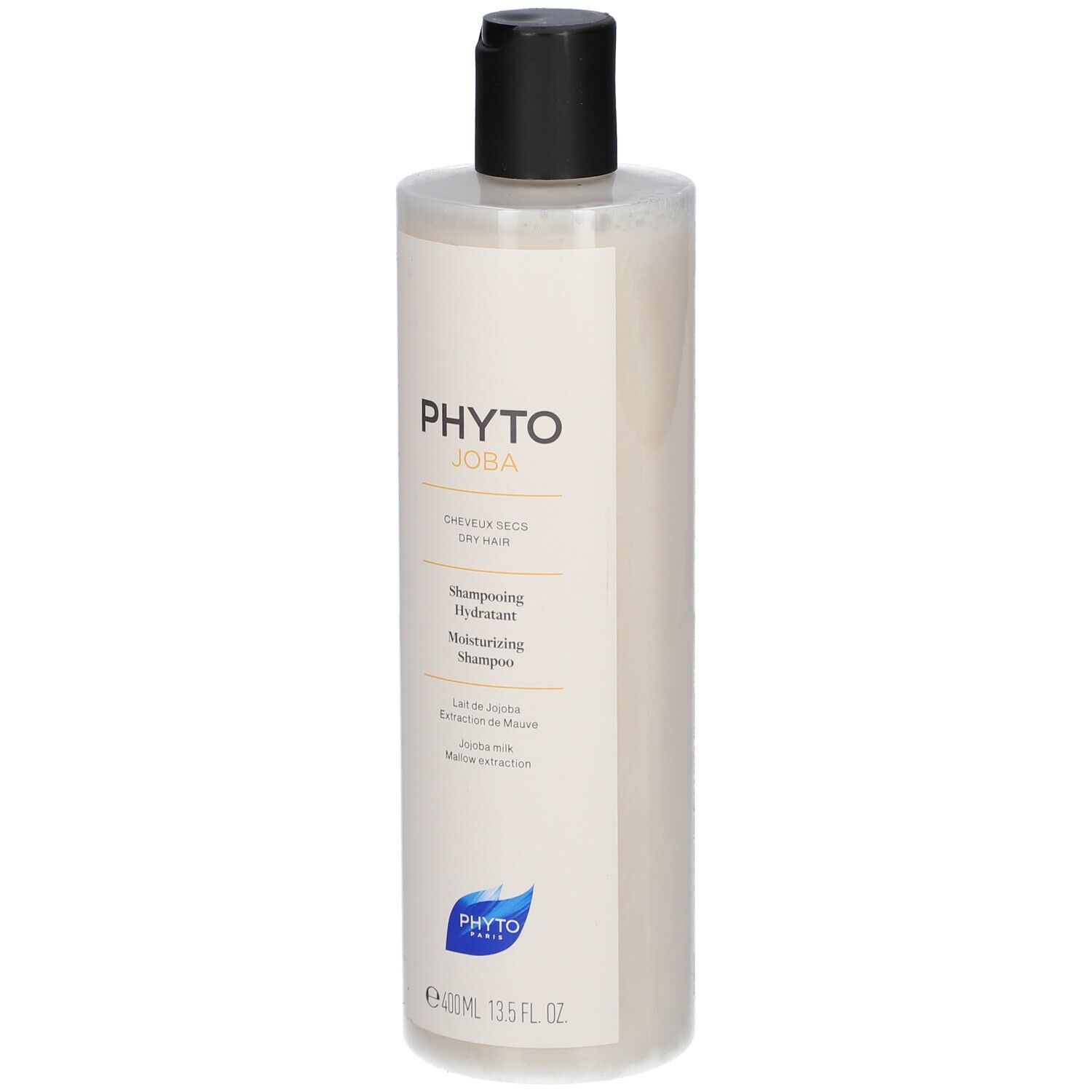 Flacon de shampooing Phyto Joba. Inscription : Shampooing Hydratant, 400ml. Bouchon noir, flacon transparent.