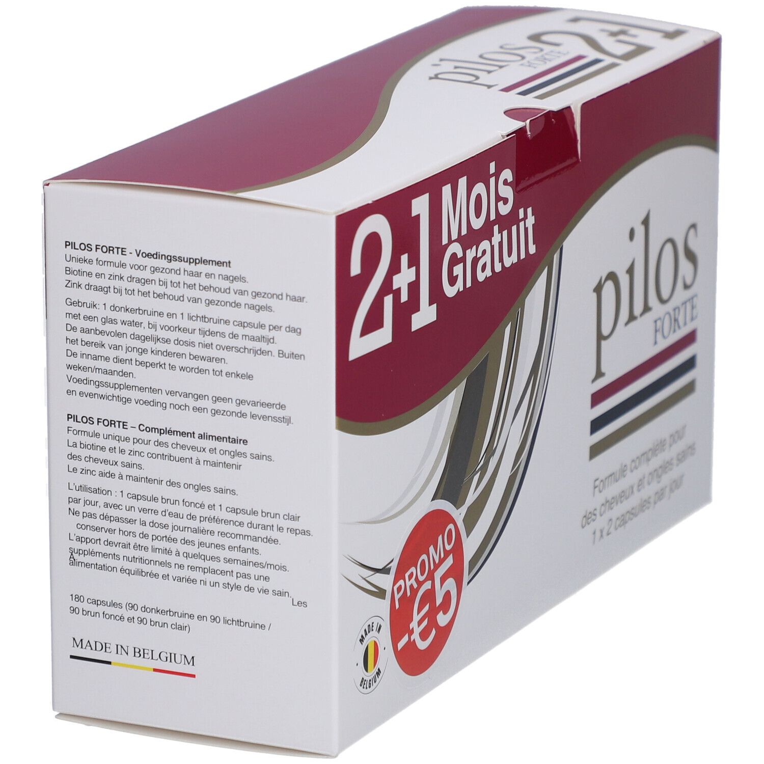Witte doos met rode deksel. Opschrift "pilos FORTE". Aanbieding: 2+1 gratis, -€5 korting. Tekst in het Nederlands en Frans.