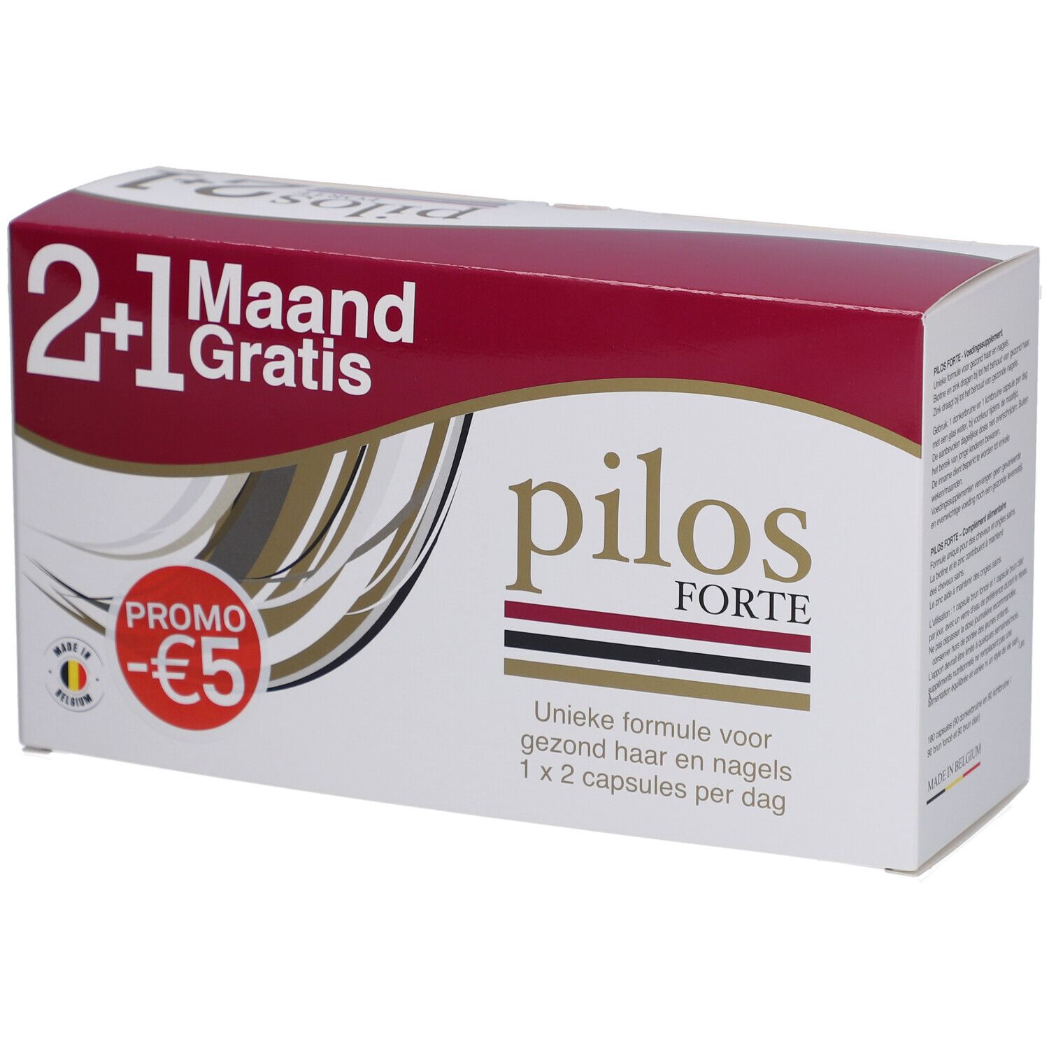 Witte doos met rode deksel. Opschrift "pilos FORTE". Aanbieding: 2+1 gratis, -€5 korting. Tekst: "Unieke formule voor gezond haar en nagels".