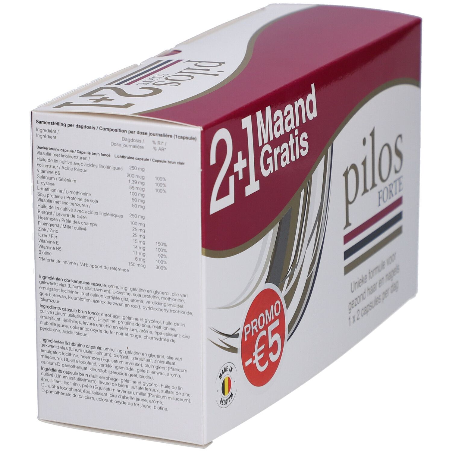 Witte doos met rode deksel. Opschrift "pilos FORTE". Aanbieding: 2+1 gratis, -€5 korting. Tekst met ingrediënten en dosering.