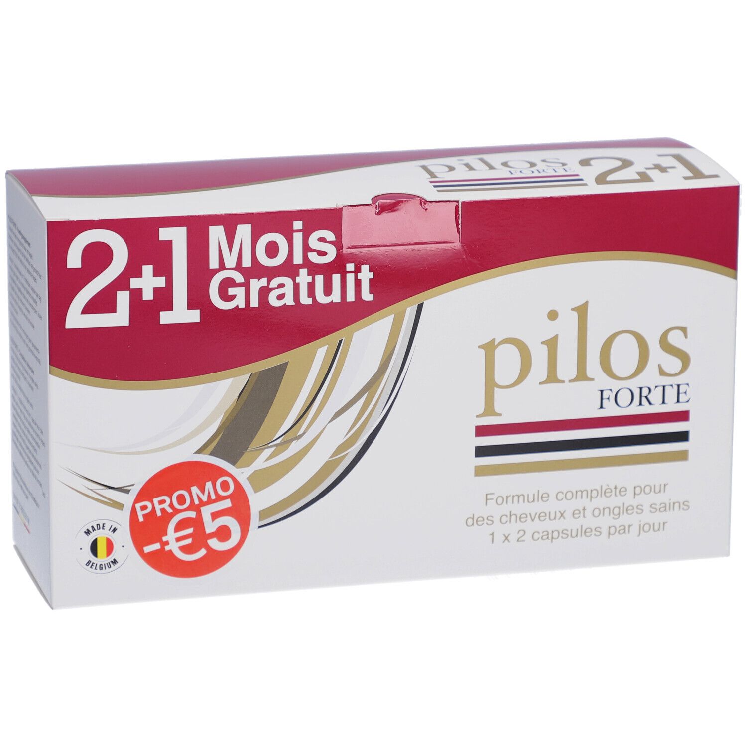 Witte doos met rode deksel. Opschrift "pilos FORTE". Aanbieding: 2+1 gratis, -€5 korting. Tekst: "Formule complète pour des cheveux et ongles sains".