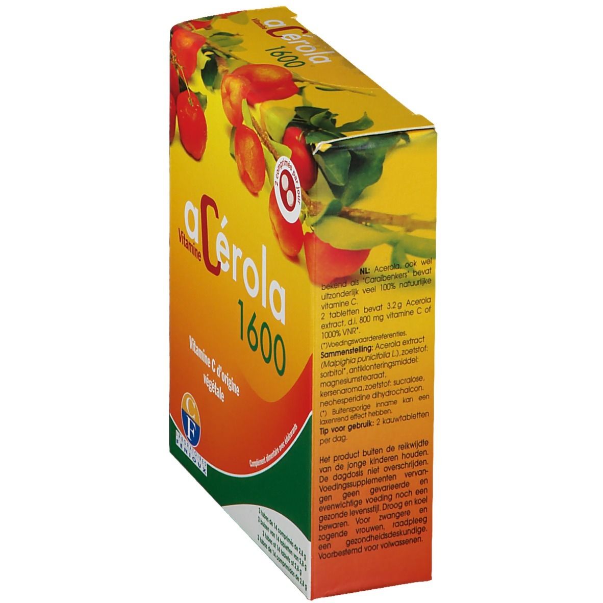 Boîte aC
érola 1600. Carton jaune avec fruits rouges. Texte et informations produit sur le côté.