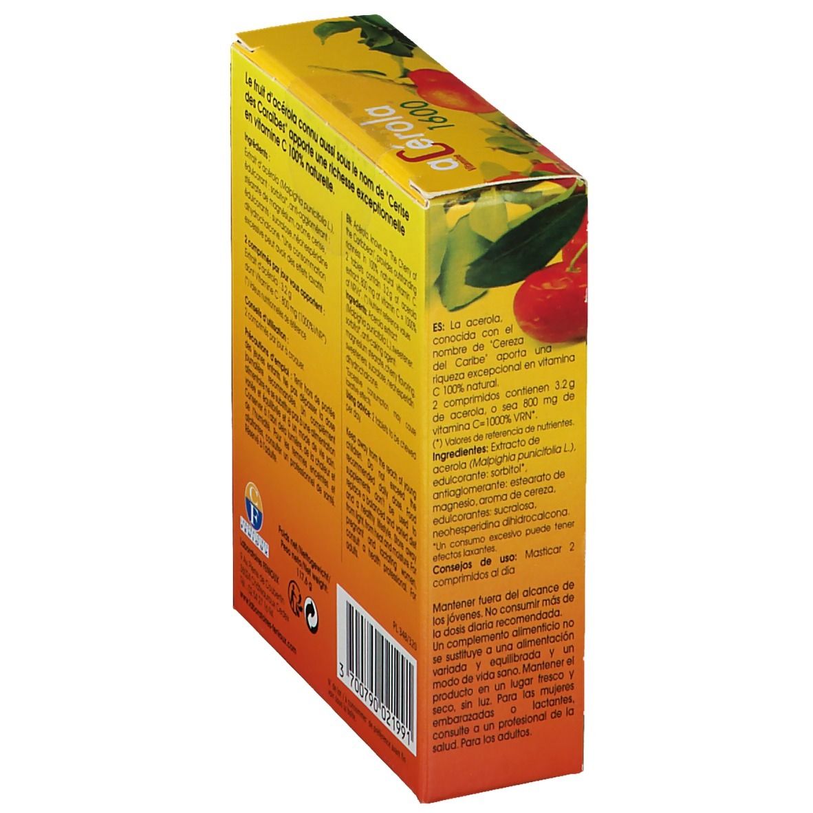 Boîte aC
érola 1600. Carton jaune avec texte et informations produit. Vue arrière.