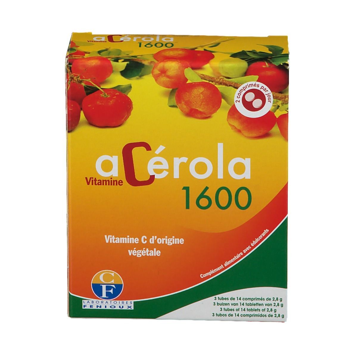 Boîte de aC
érola 1600. Carton jaune avec fruits rouges. Inscription aC
érola 1600 et Vitamine C.