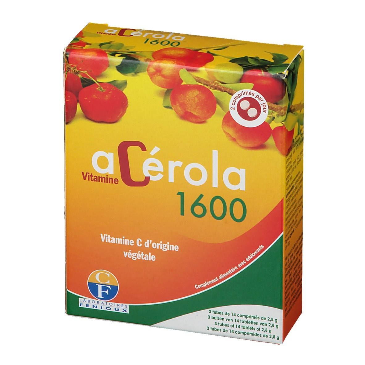 Boîte de aC
érola 1600. Carton jaune avec fruits rouges. Inscription aC
érola 1600 et Vitamine C.