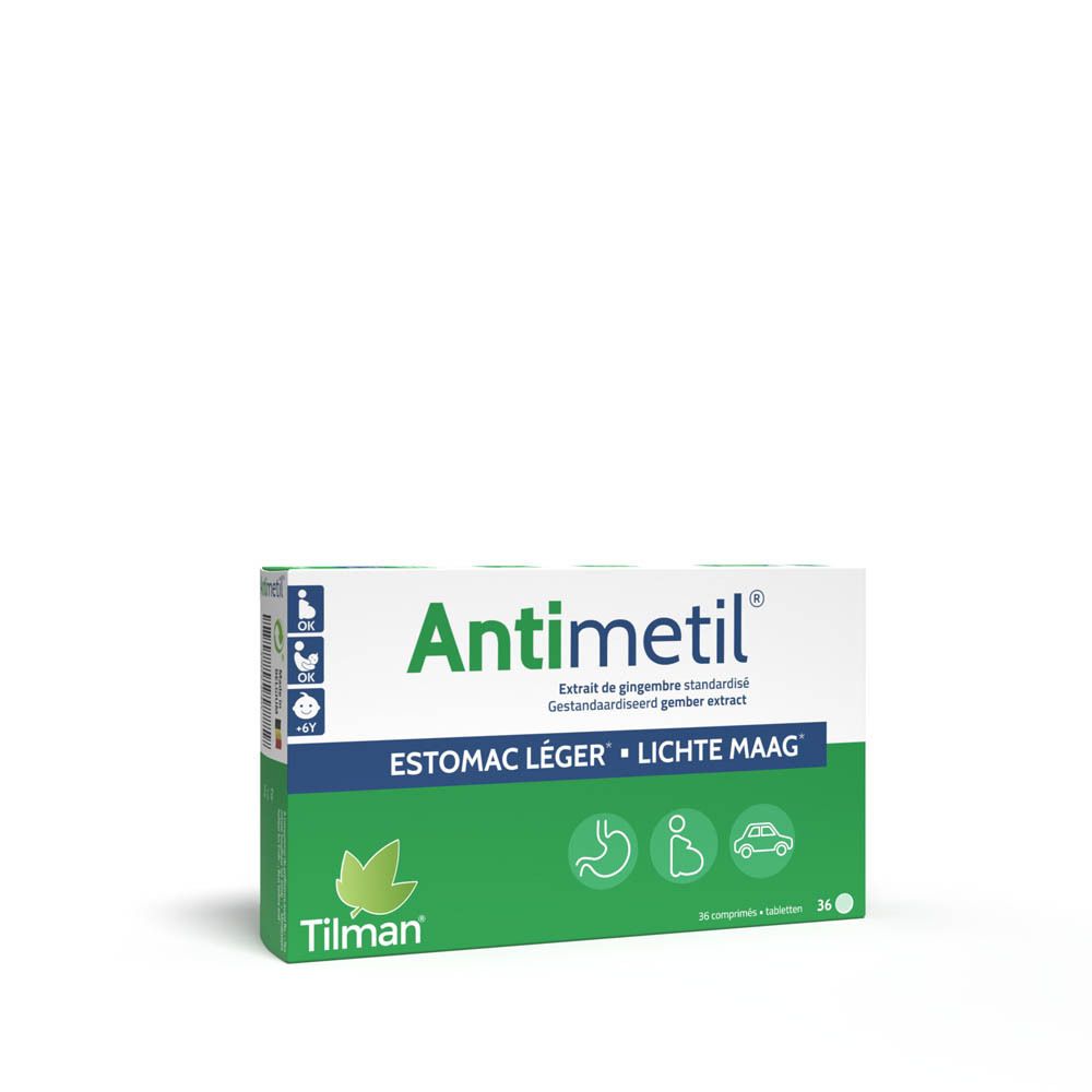 Antimetil® verpakking. Groen-witte doos met naam en illustraties. 36 tabletten.
