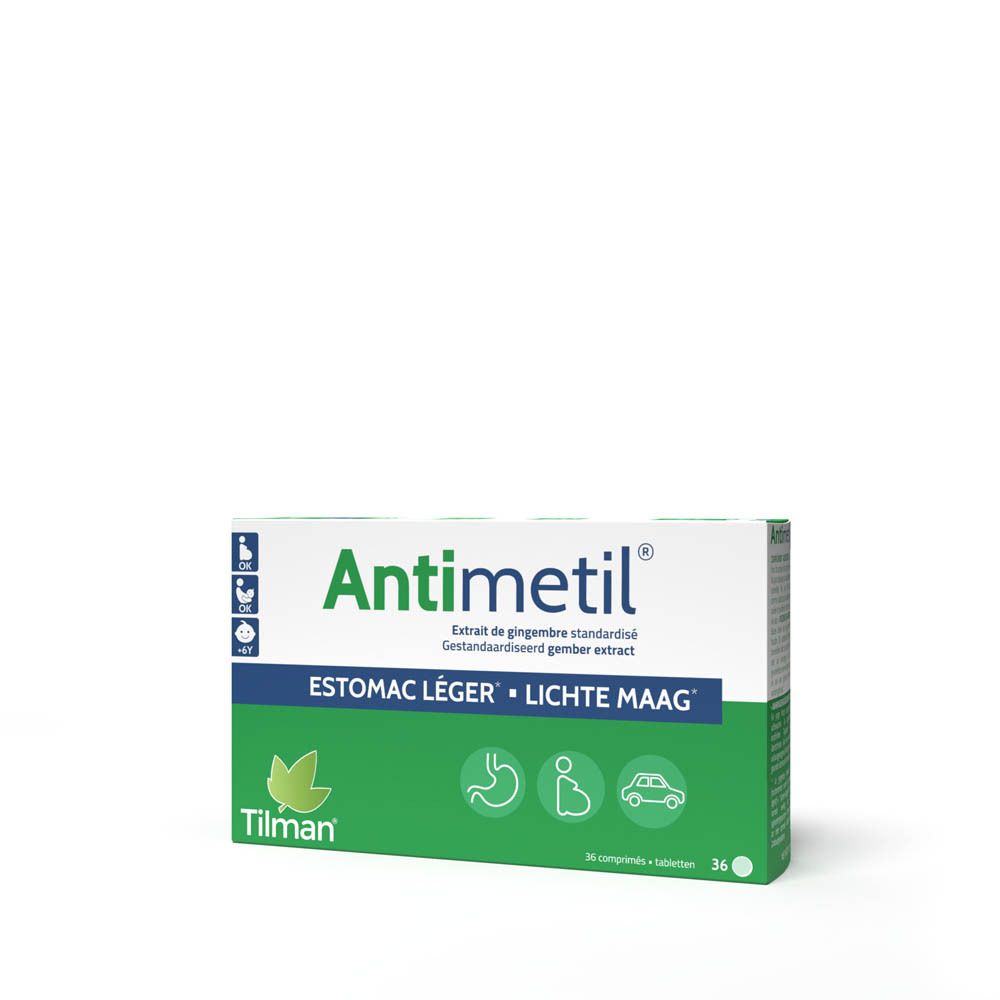 Antimetil® verpakking. Groen-witte doos met naam en illustraties. 36 tabletten.