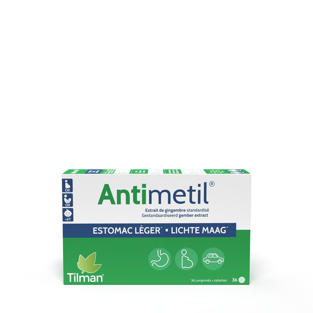 Antimetil® verpakking. Groen-witte doos met naam en illustraties. 36 tabletten.
